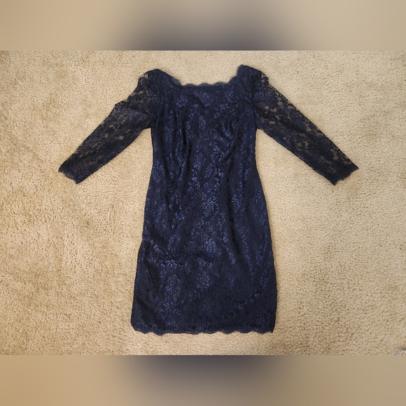 SIMPLY LILIANA Dress Womens 8 Cocktail Navy Blue Floral Lace Overlay 3/4 Sleeve - Picture 1 of 6